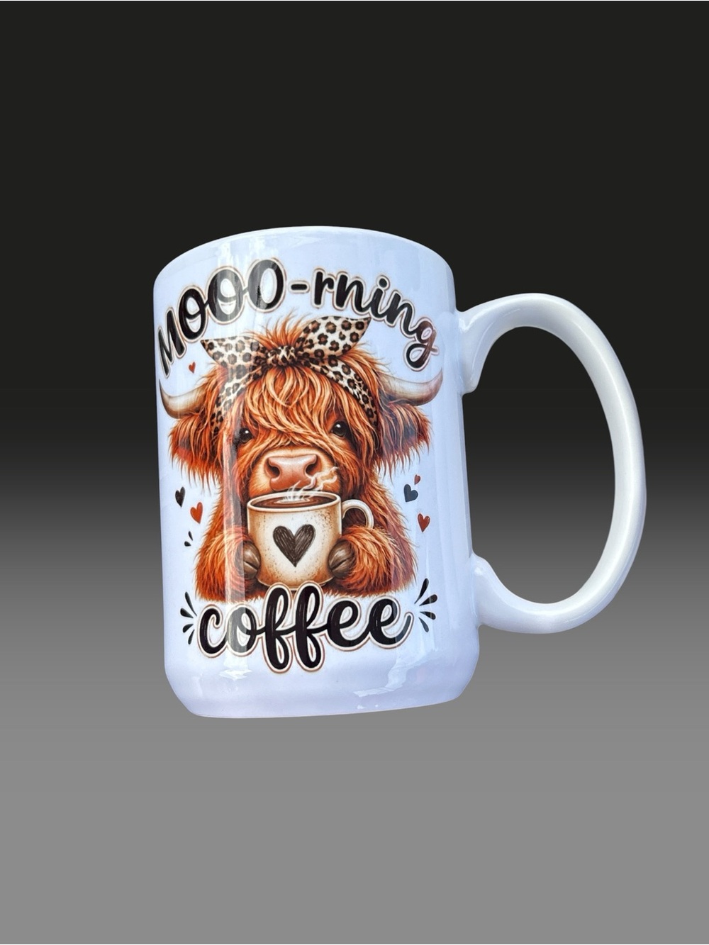 15 ounces White Ceramic 'Moo-ning Coffee' Mug with Highland Cow Artwork